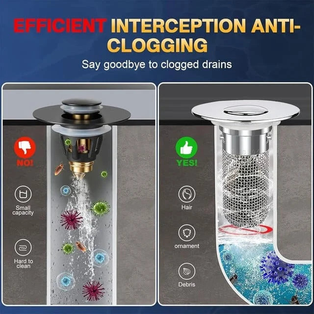 2-in-1 Pop-Up Sink Stopper & Drain Filter - Removable Hair Catcher for Clog-Free Drains